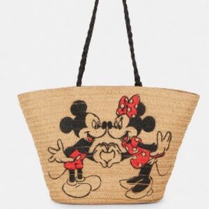 Disney Woven Straw Tote with Hand Painted Minnie and Mickey - NWT